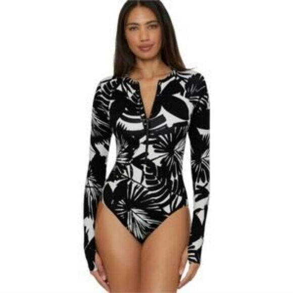 TRINA TURK Swimwear Small Lennox Black Off White Half-Zip Paddle Suit Rash Guard - Picture 1 of 13